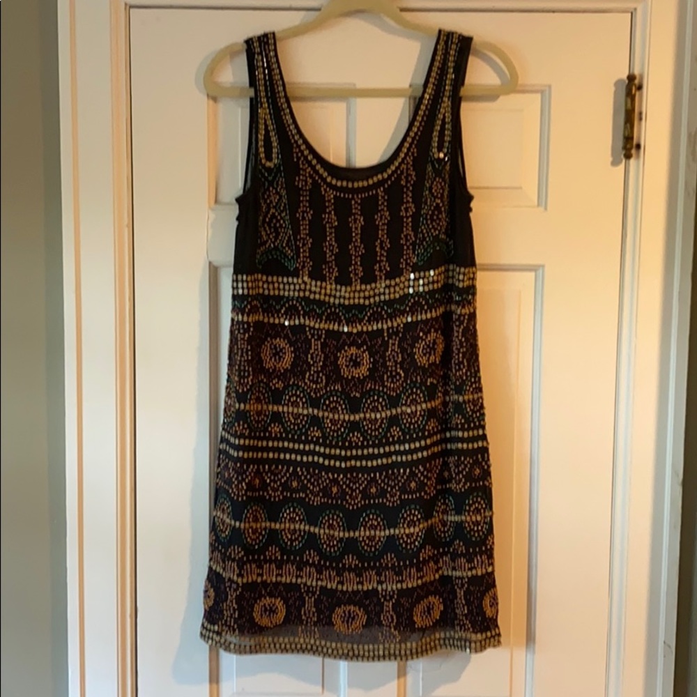Anthropologie Black and Gold Patterned Mini Dress